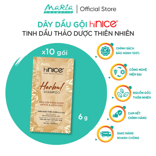 Gói Dầu Gội Tinh Dầu Thảo Dược Thiên Nhiên HiNICE Herbal Shampoo Hỗ Trợ Detox, Kiềm Dầu Da Đầu (Dây 10 Gói)