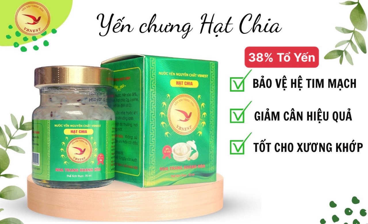 Yến sào chưng hạt chia, hũ yến Vương Bảo (VBNest) với hàm lượng yến lên tới 38%, Hũ 70ml, Mua 6 tặng 1