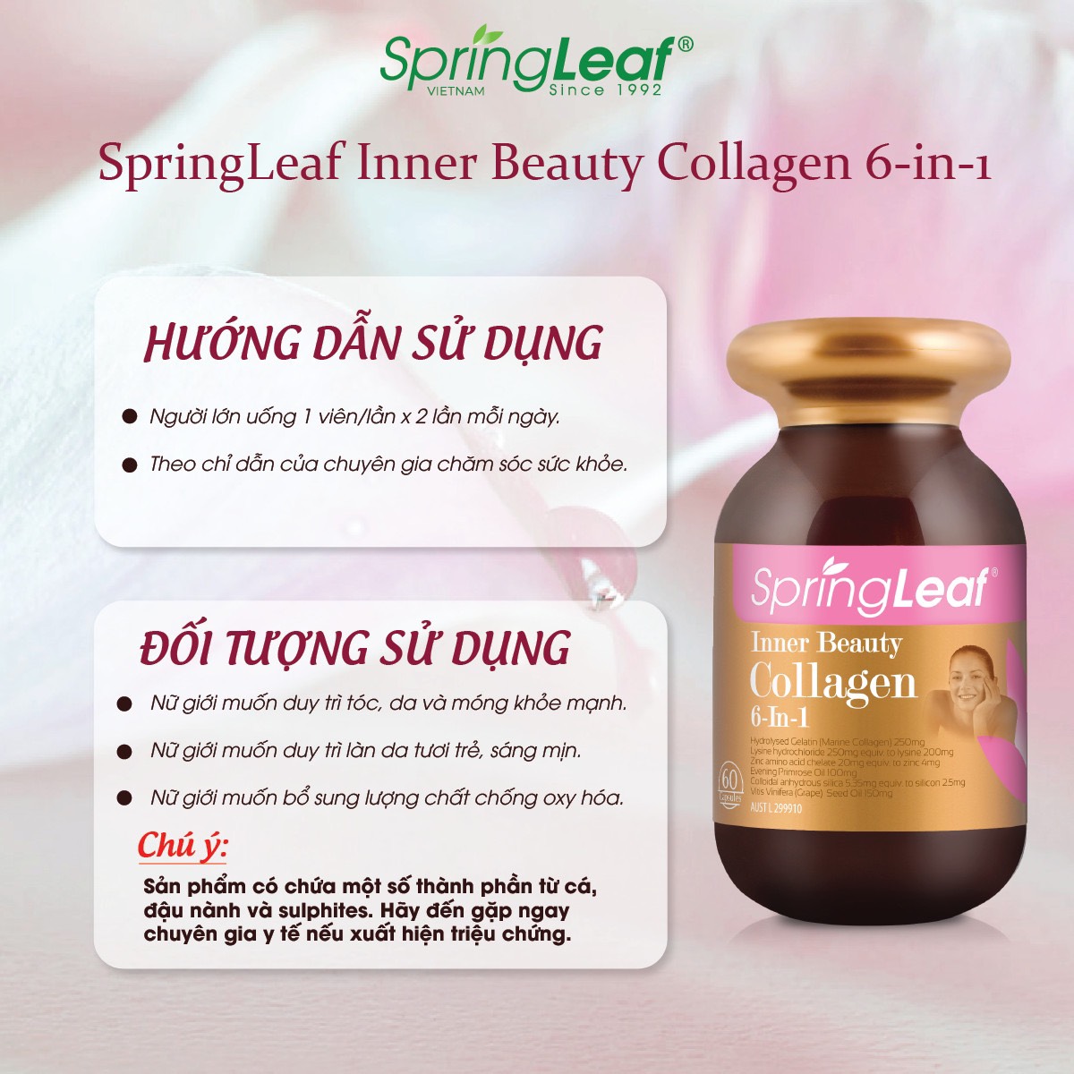 Viên uống đẹp da bổ collagen SpringLeaf Inner Beauty Collagen 6-in-1 180 viên