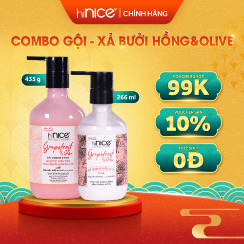 Bộ Dầu Gội Kem Xả Tinh Dầu Bưởi Hồng Olive HiNICE Grapefruit & Olive Shampoo Hỗ Trợ Giảm Mụn Da Đầu 422ml + 266ml