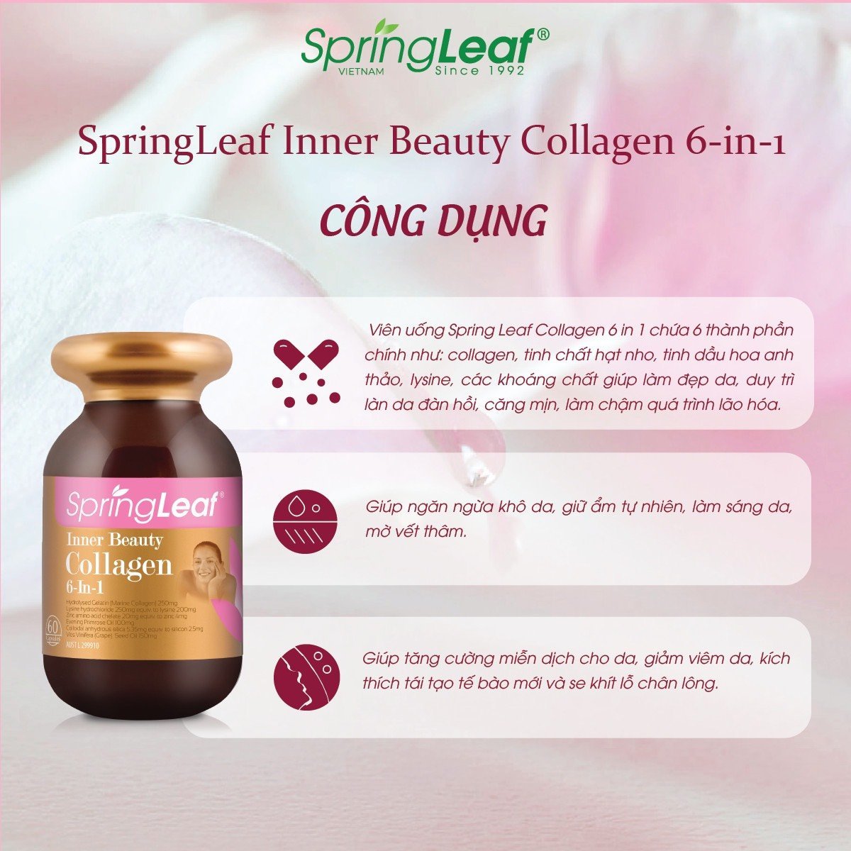 Viên uống đẹp da bổ collagen SpringLeaf Inner Beauty Collagen 6-in-1 180 viên