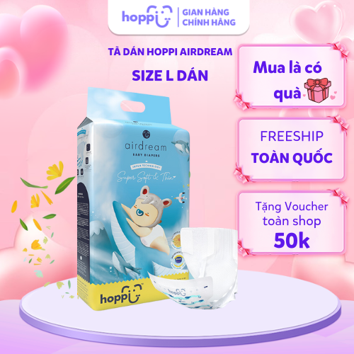 Bỉm - Tã Dán Hoppi Airdream Siêu Mềm Mỏng Size L 40 Miếng (cho Bé 9 - 14kg)