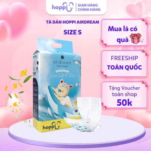 Bỉm - Tã Dán Hoppi Airdream Siêu Mềm Mỏng Size S 56 Miếng (cho Bé 4 - 8kg)