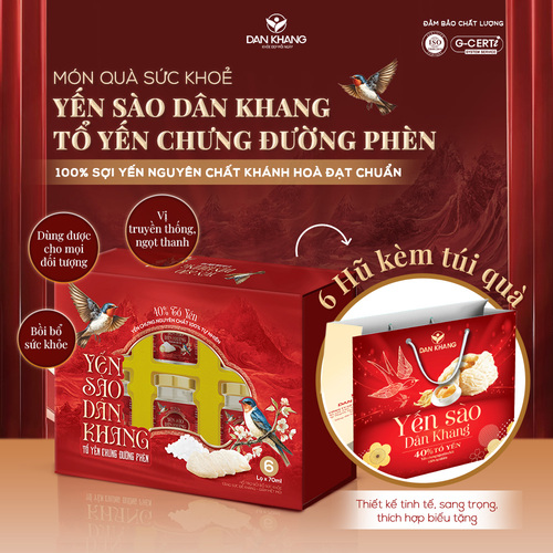 Hộp 6 Hũ Yến Sào Dân Khang 40% Tổ Yến Chưng Đường Phèn Cao Cấp Bồi Bổ Sức Khỏe Thích Hợp Làm Quà Biếu Tặng Hũ 70ml