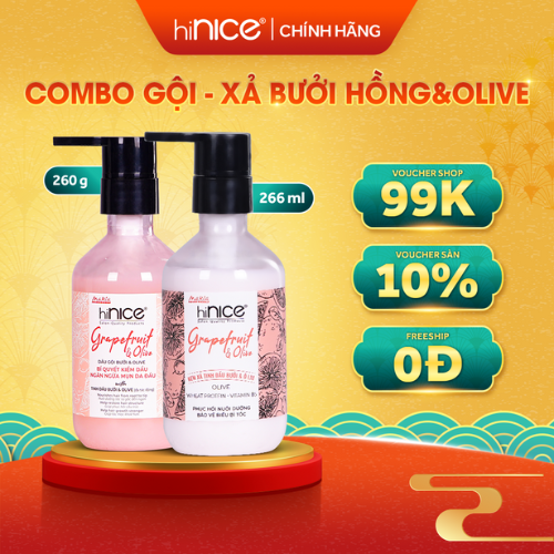 Bộ Dầu Gội Kem Xả Tinh Dầu Bưởi Hồng Olive HiNICE Grapefruit & Olive Shampoo Hỗ Trợ Giảm Mụn Da Đầu 253ml + 266ml